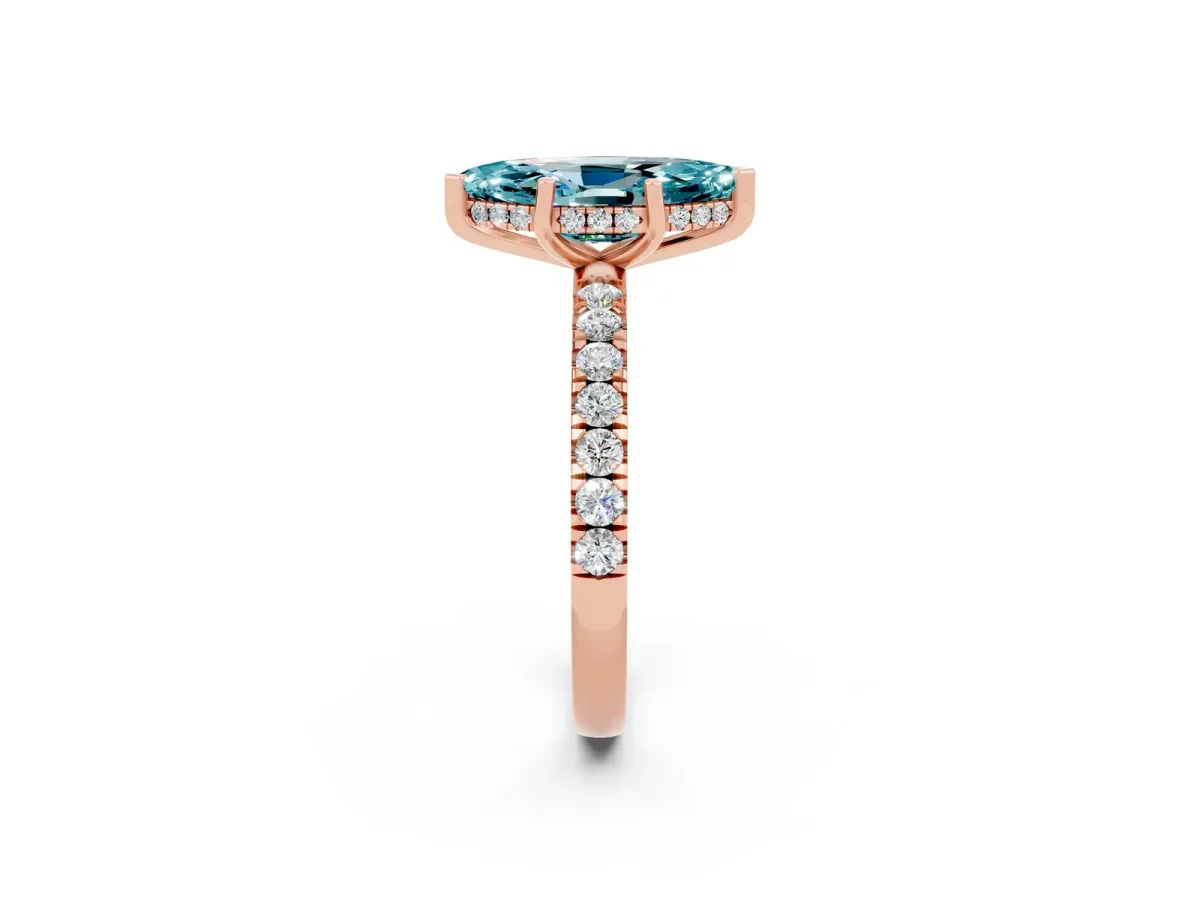 Marquise Cut Blue Topaz Pave Band Solitaire Ring with Round and Prong Setting Rose gold
