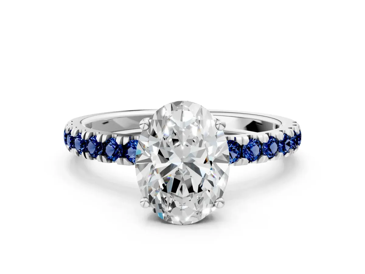 Oval Cut Diamond Pave Band Solitaire Ring with Round Blue Sapphire and Prong Setting Platinum