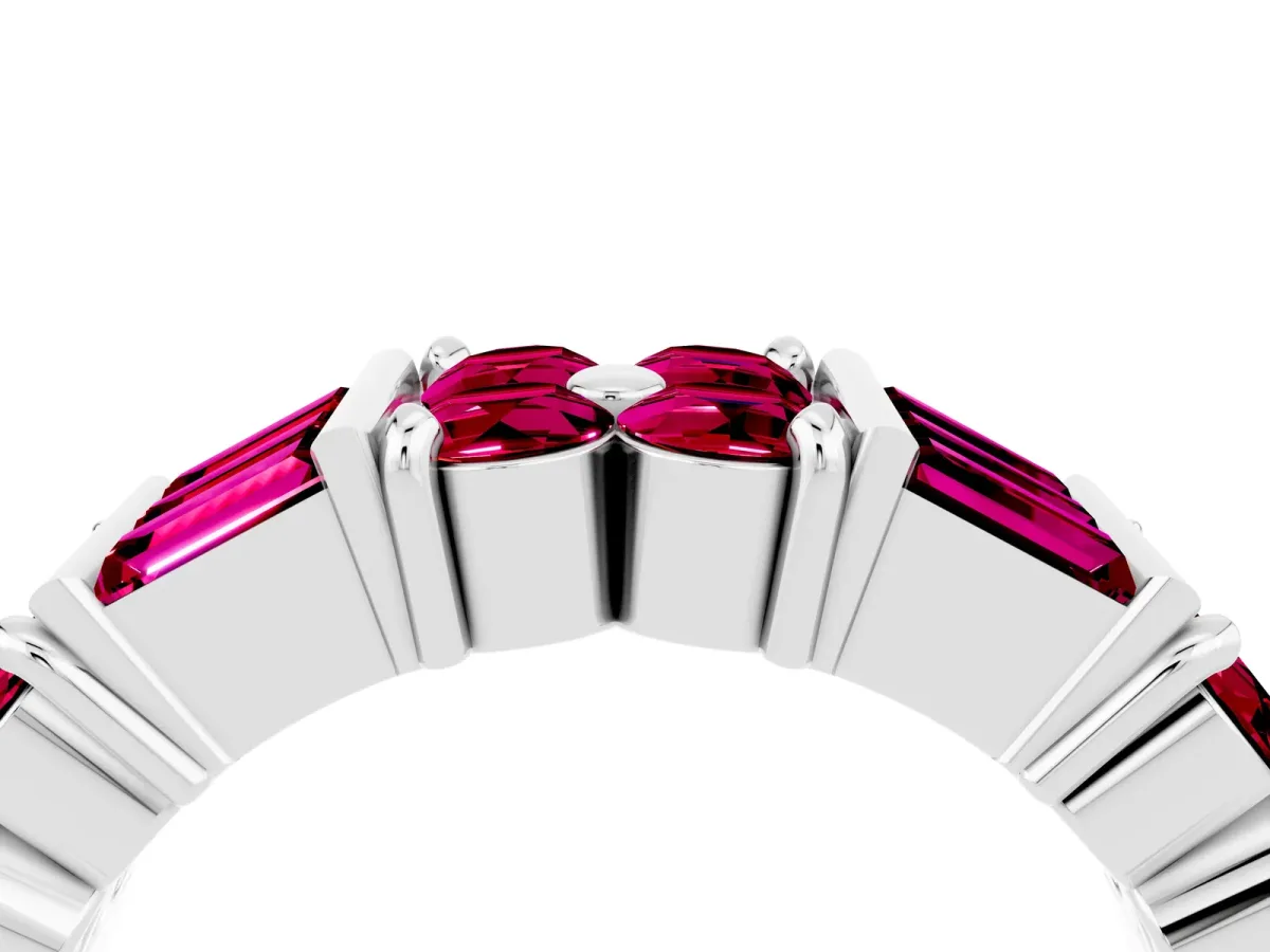 Channel Set Round and Baguette Garnet Anniversary Band with Prong Setting Platinum