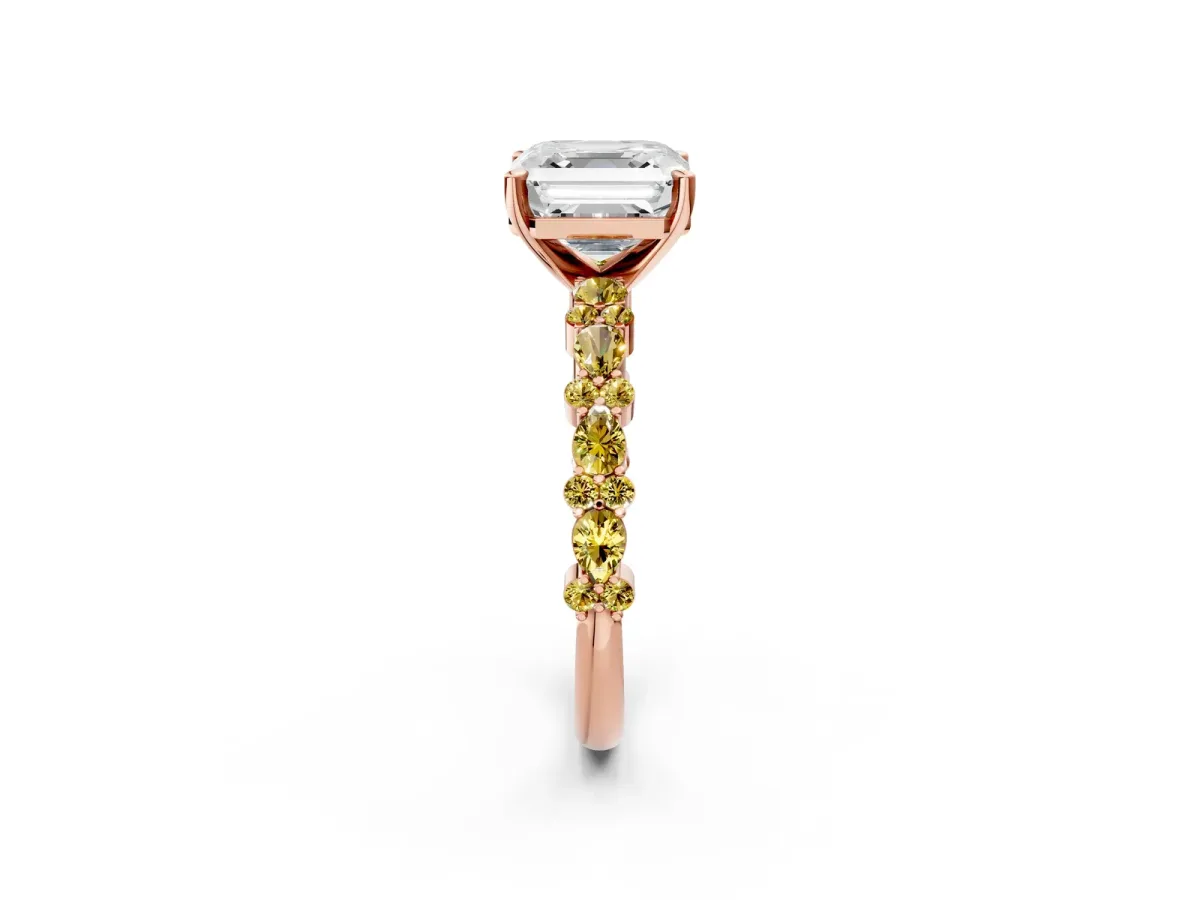 Asscher Cut Diamond Side Stone Solitaire Ring with Round Yellow Sapphire and Four-Prong Setting Rose gold