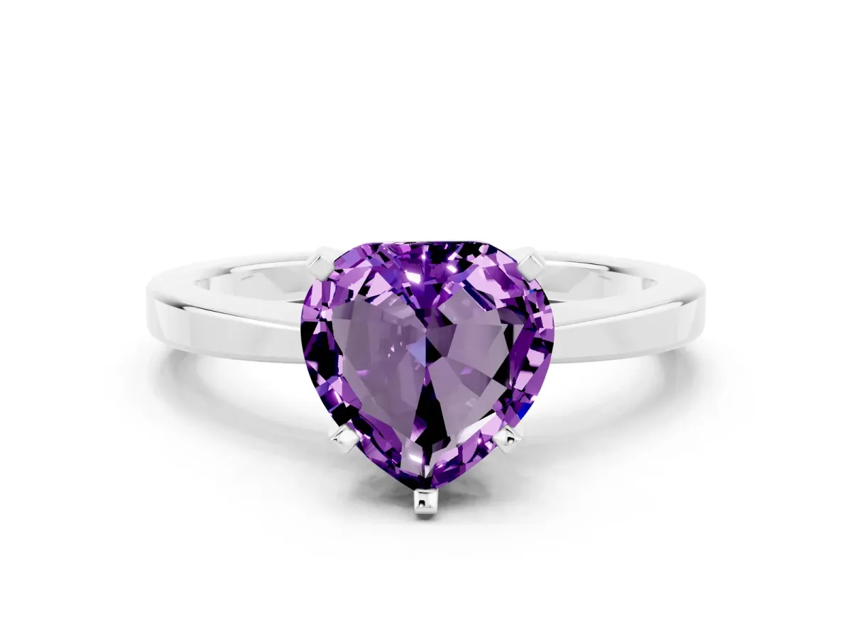 Heart Cut Amethyst Solitaire Engagement Ring with Classic Band and Four-Prong Setting Silver