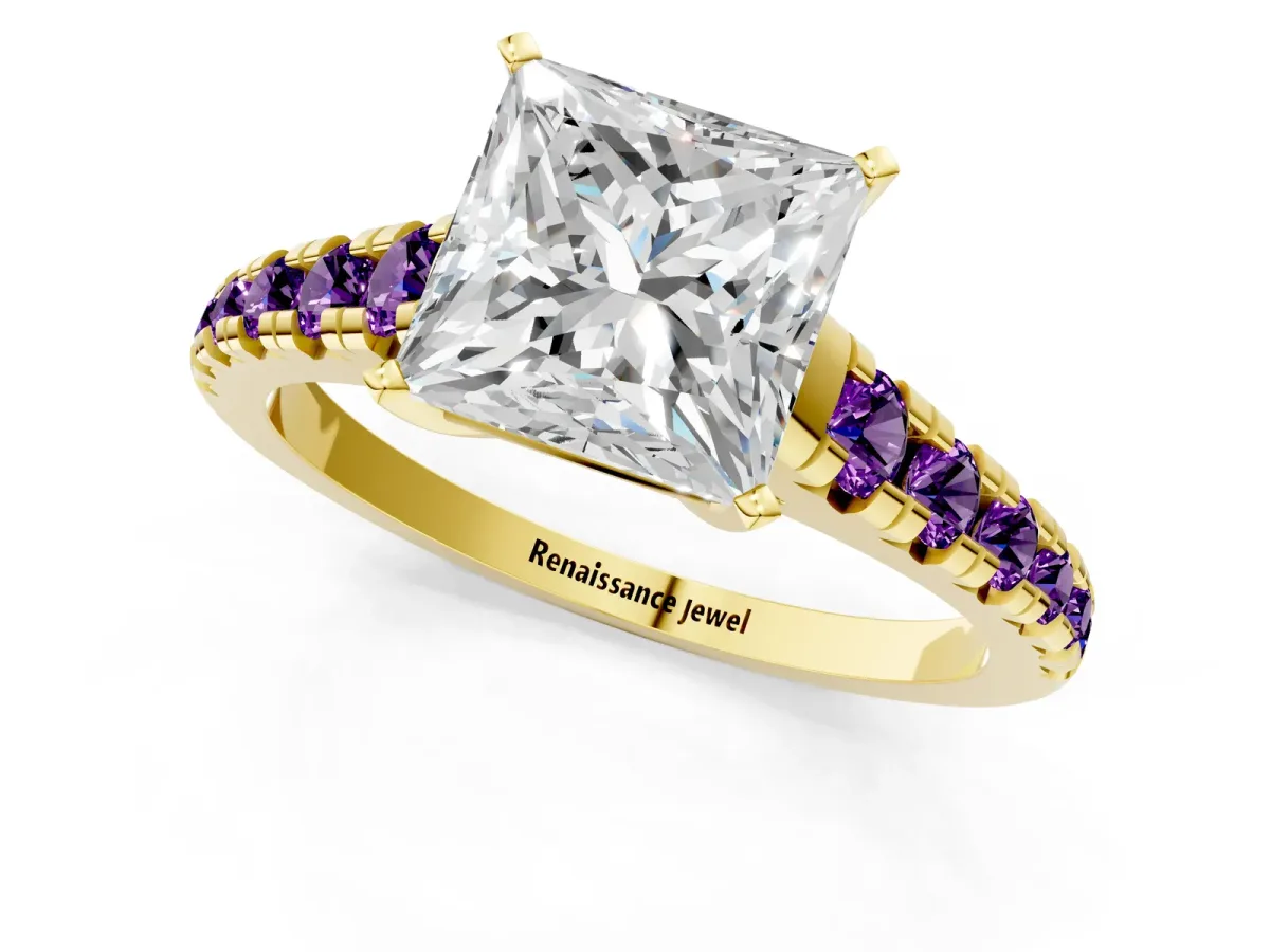 Princess Cut Diamond Cathedral Solitaire Ring with Round Amethyst Pavé Band Yellow gold