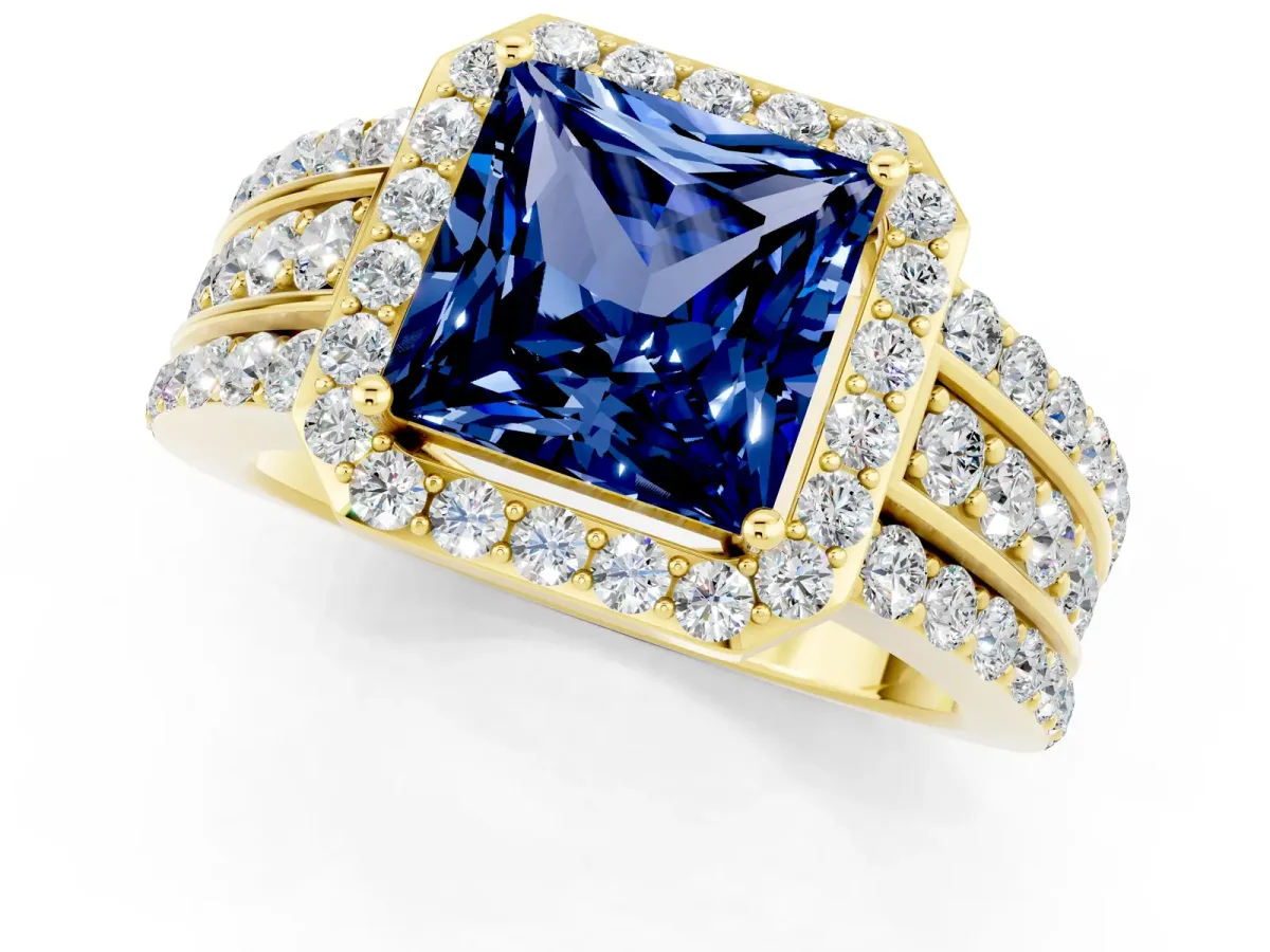 Princess Cut Halo Blue Sapphire Ring with Round Split Shank and Prong Setting Yellow gold