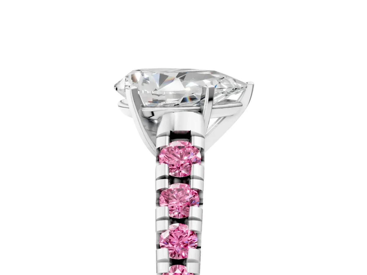Pear Cut Diamond Cathedral Solitaire Ring with Round Pink Sapphire Pavé Band Platinum