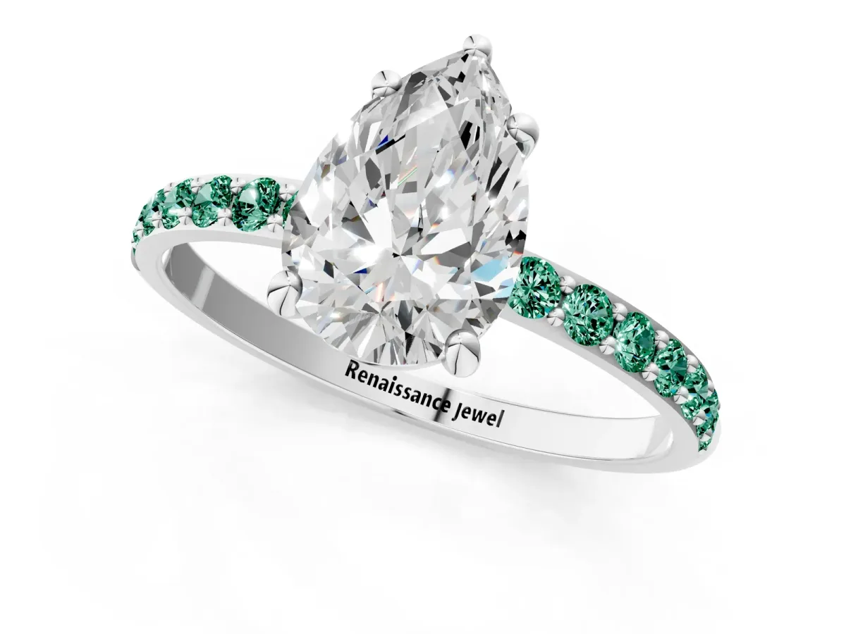Pear Cut Diamond Solitaire Ring with Round Green Sapphire Pavé Band and Prong Setting Platinum
