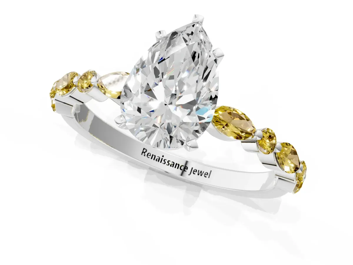 Pear Cut Diamond Ring with Marquise and Round Yellow Sapphire Side Stones and Four-Prong Setting Silver