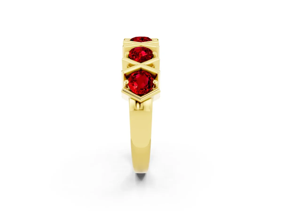 Round Ruby Channel Set Band with X-Prong Detail Yellow gold