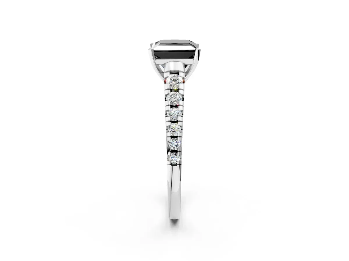 Fancy Black Princess Cut Diamond Cathedral Solitaire Ring with Round Pavé Band Silver