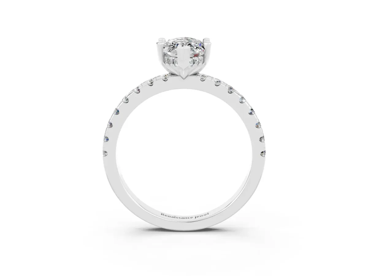 Marquise Cut Moissanite Solitaire Ring with Round Pavé Band and Four-Prong Setting Silver