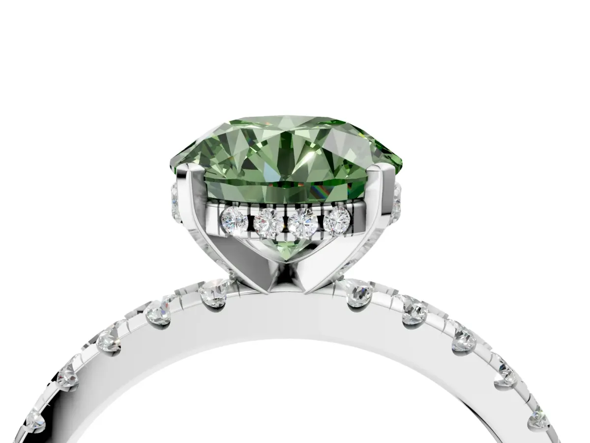 Fancy Green Round Cut Diamond Solitaire Ring with Round Pavé Band and Four-Prong Setting White gold