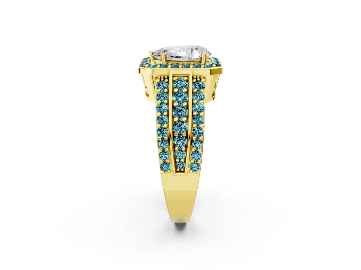 Pear Cut Halo Diamond Ring with Round Blue Topaz Split Shank and Prong Setting Yellow gold