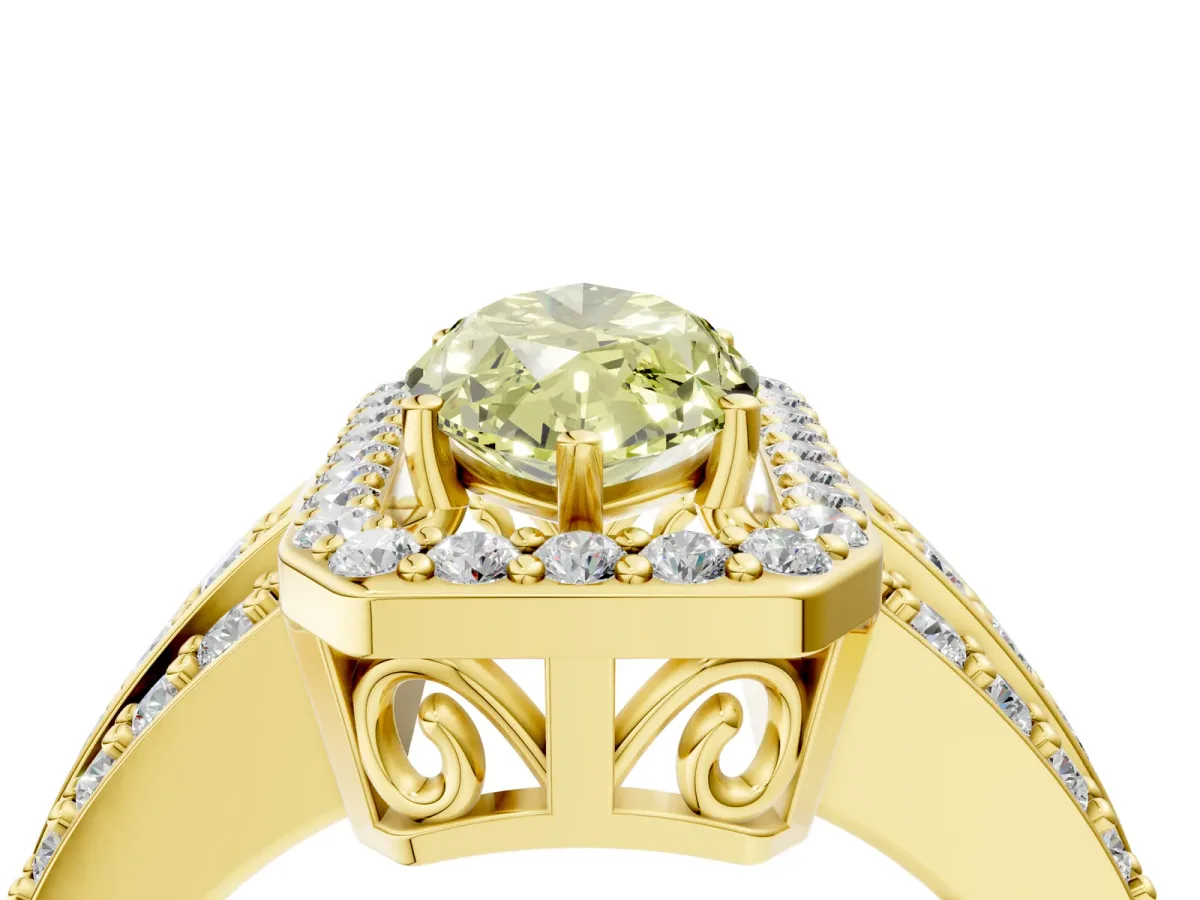 Fancy Yellow Marquise Cut Halo Diamond Ring with Round Split Shank and Prong Setting Yellow gold