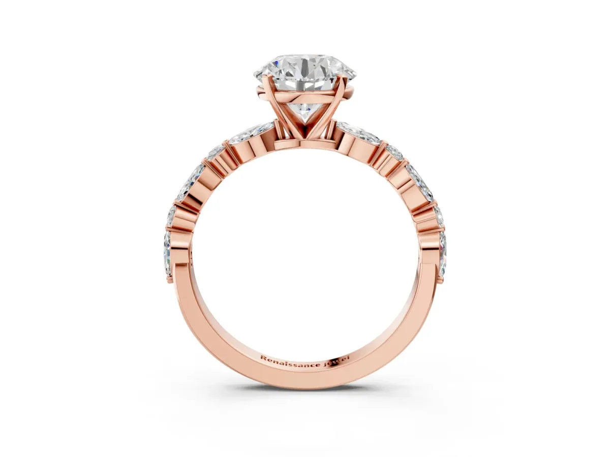 Round Cut Diamond Ring with Marquise and Round Side Stones and Four-Prong Setting Rose gold