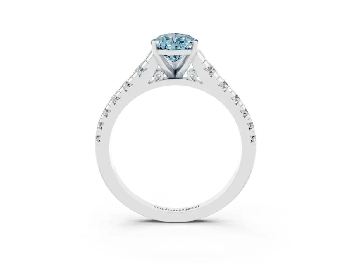 Pear Cut Aquamarine Cathedral Solitaire Ring with Round Pavé Band Silver