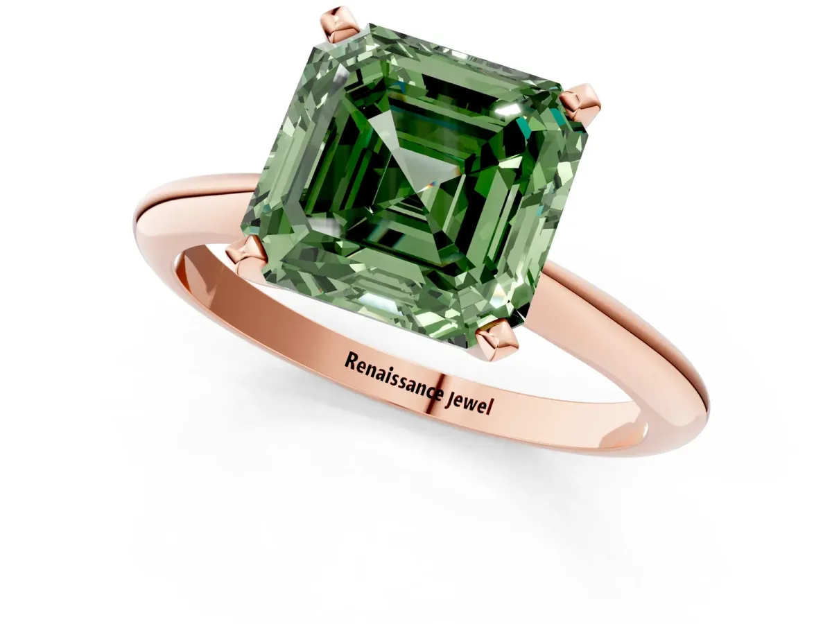 Fancy Green Asscher Cut Diamond Solitaire Engagement Ring with Classic Band and Four-Prong Setting Rose gold