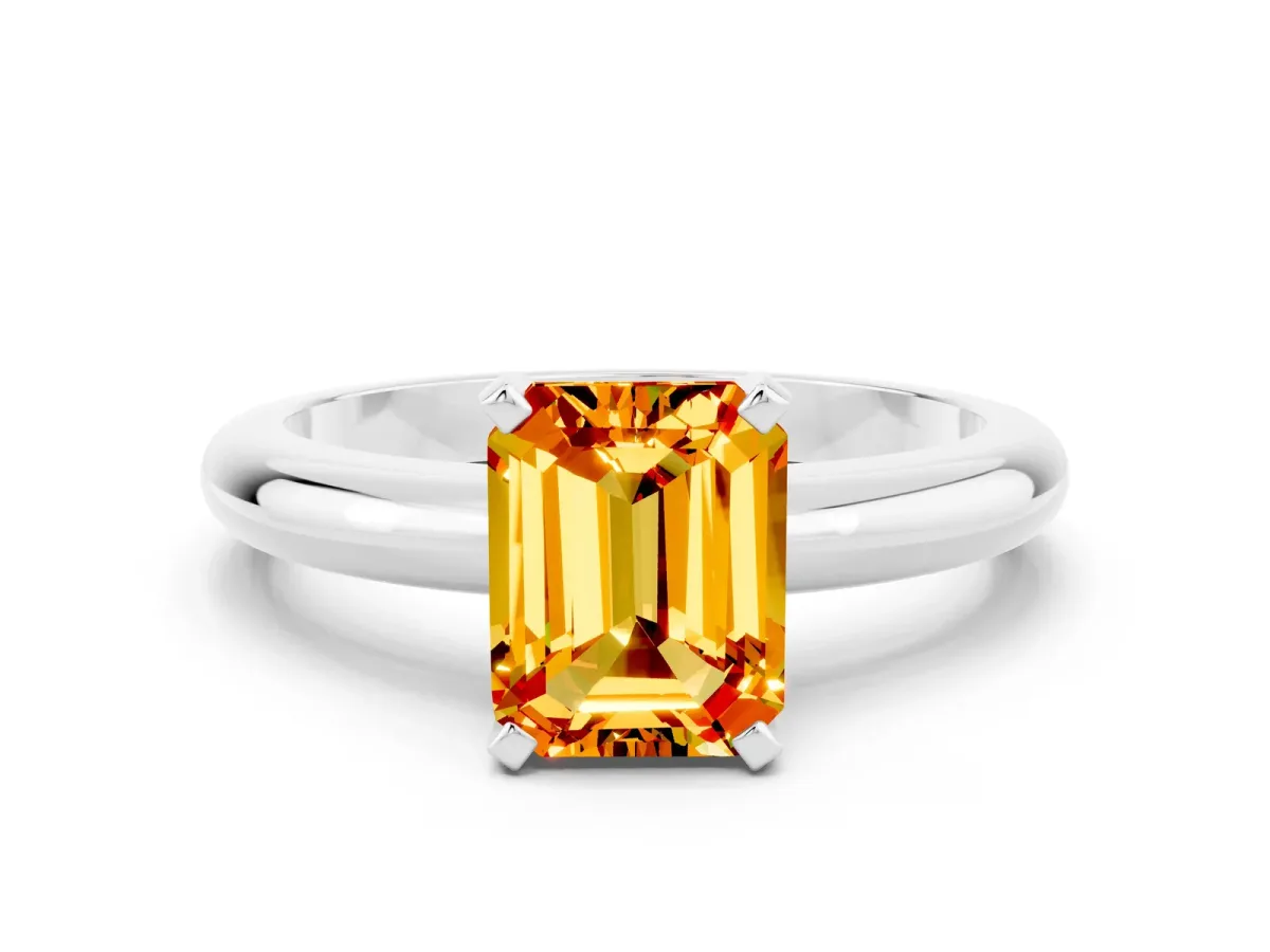 Emerald Cut Citrine Solitaire Engagement Ring with Round Band and Four-Prong Setting White gold