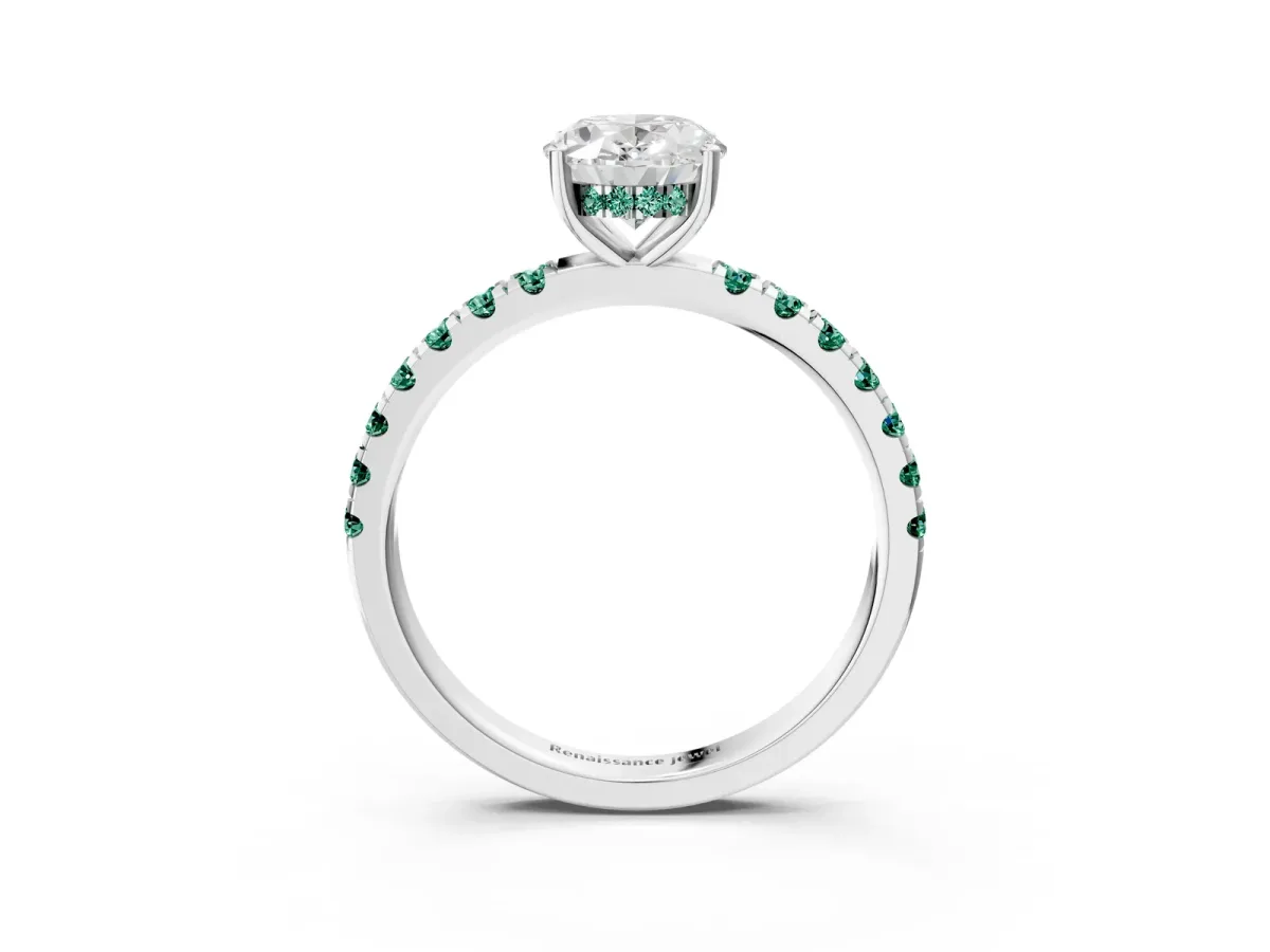 Oval Cut Diamond Pave Band Solitaire Ring with Round Green Sapphire and Prong Setting Silver