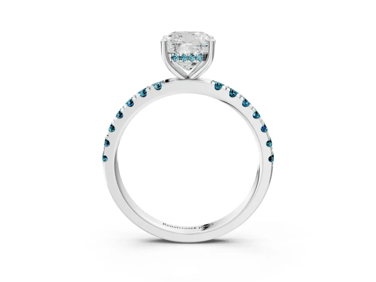 Cushion Cut Diamond Pave Band Solitaire Ring with Round Blue Topaz and Prong Setting Platinum