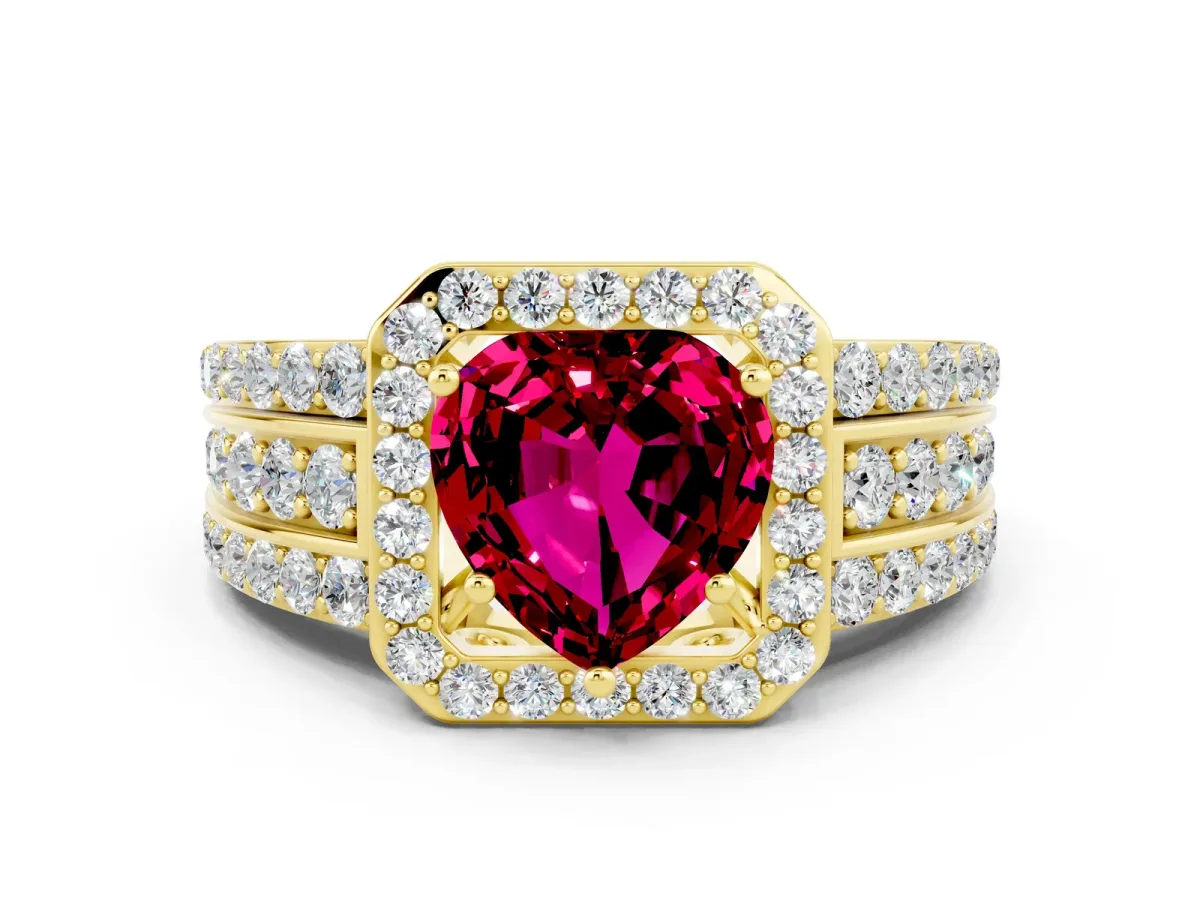 Heart Cut Halo Garnet Ring with Round Split Shank and Prong Setting Yellow gold