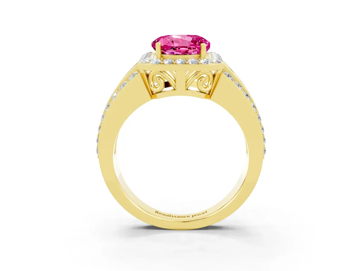 Round Cut Halo Pink Sapphire Ring with Round Split Shank and Prong Setting Yellow gold