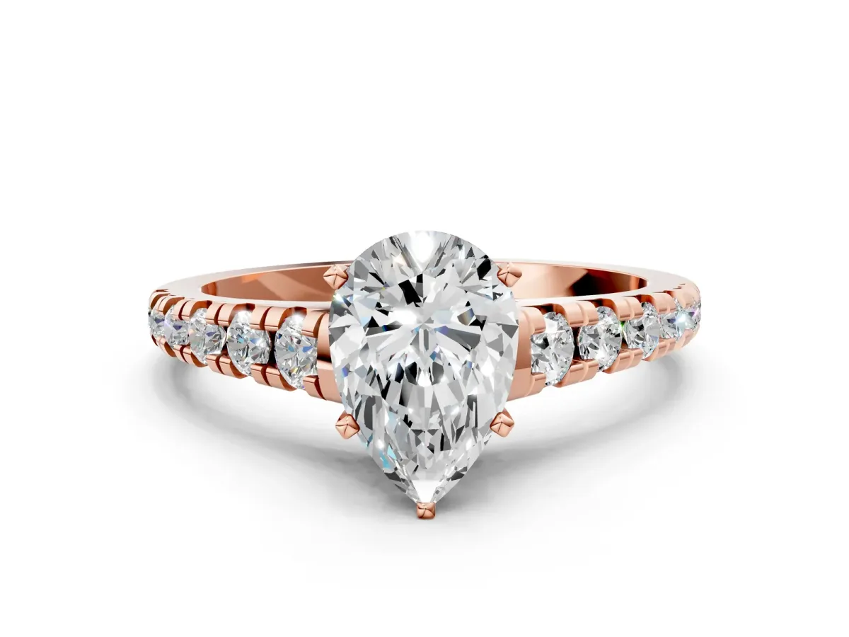 Pear Cut Diamond Cathedral Solitaire Ring with Round Pavé Band Rose gold