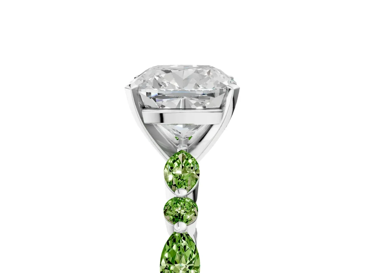 Cushion Cut Diamond Ring with Marquise and Round Peridot Side Stones and Four-Prong Setting Silver