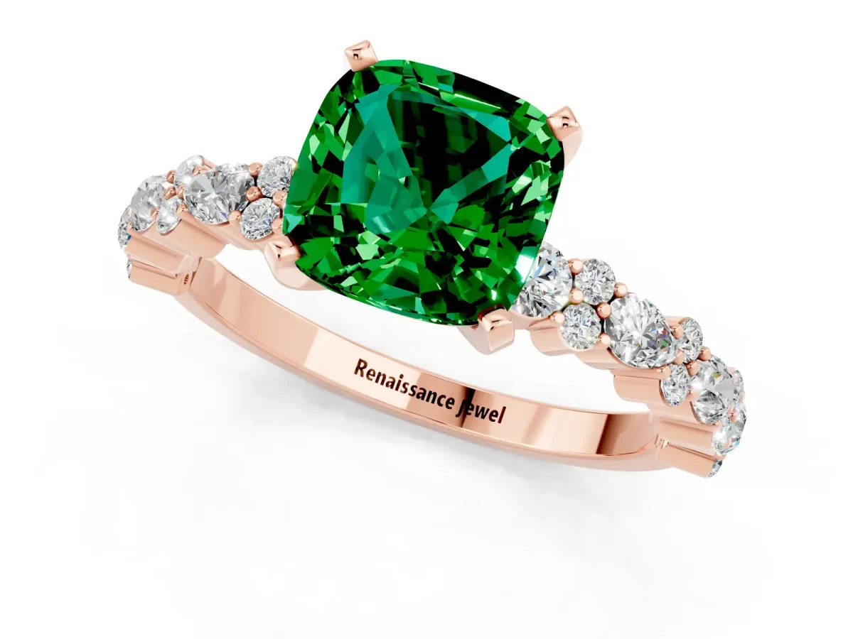 Cushion Cut Emerald Side Stone Solitaire Ring with Round and Four-Prong Setting Rose gold