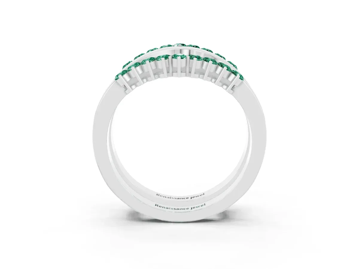 Round Green Sapphire Chevron Contour Band with Prong Setting Silver