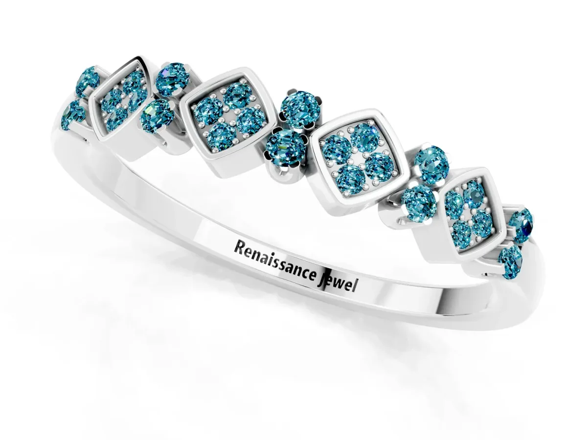 Pavé Cushion Blue Topaz Cluster Eternity Band with Prong Setting Platinum