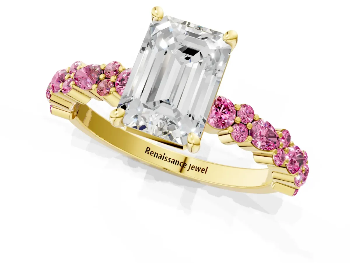Emerald Cut Diamond Side Stone Solitaire Ring with Round Pink Sapphire and Four-Prong Setting Yellow gold