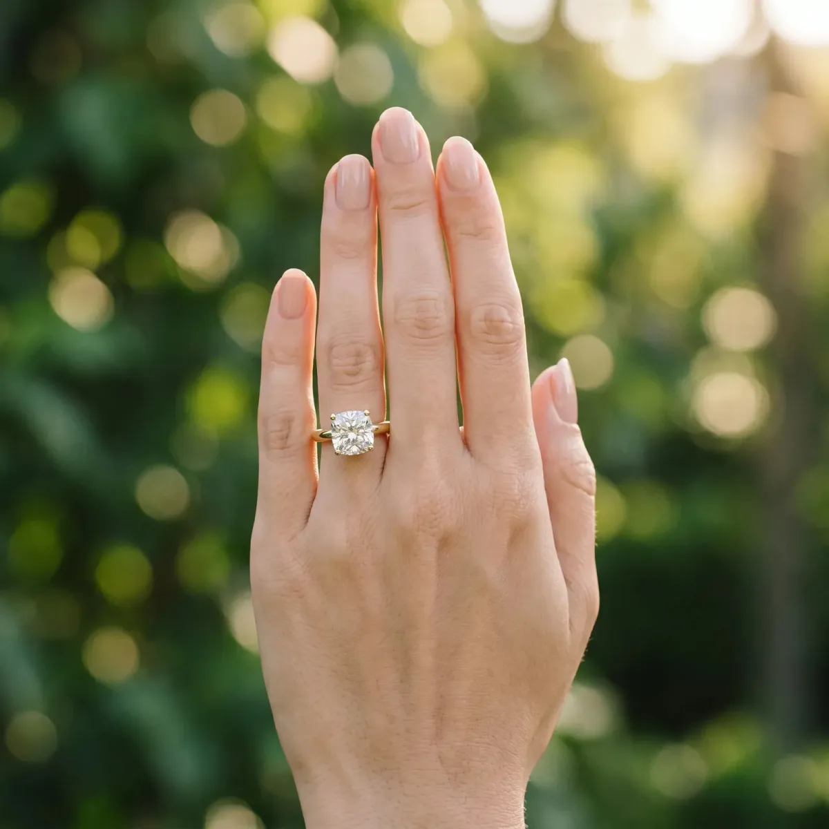 Cushion Cut Diamond Solitaire Engagement Ring with Round Band and Four-Prong Setting Yellow gold