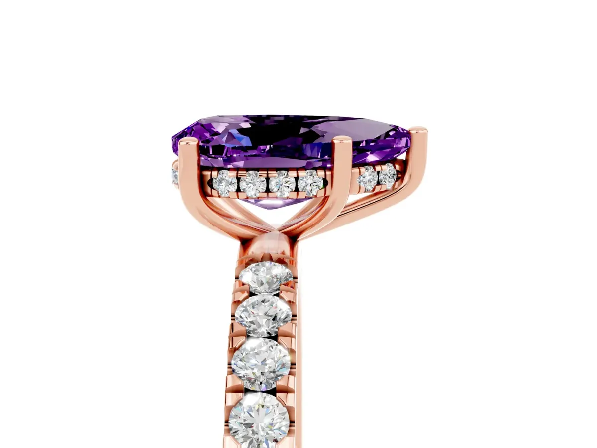 Pear Cut Amethyst Pave Band Solitaire Ring with Round and Prong Setting Rose gold