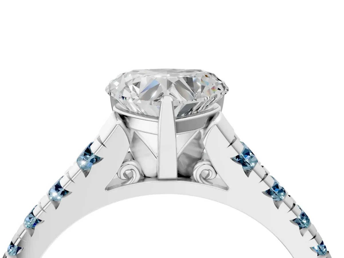 Heart Cut Diamond Cathedral Solitaire Ring with Round Aquamarine Pavé Band Silver