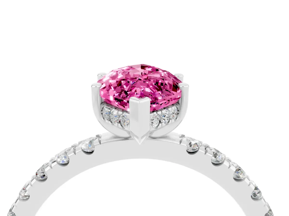 Marquise Cut Pink Sapphire Pave Band Solitaire Ring with Round and Prong Setting Platinum