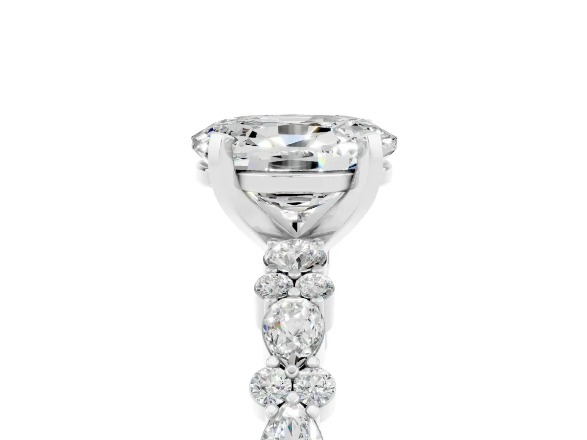 Oval Cut Moissanite Side Stone Solitaire Ring with Round and Four-Prong Setting White gold