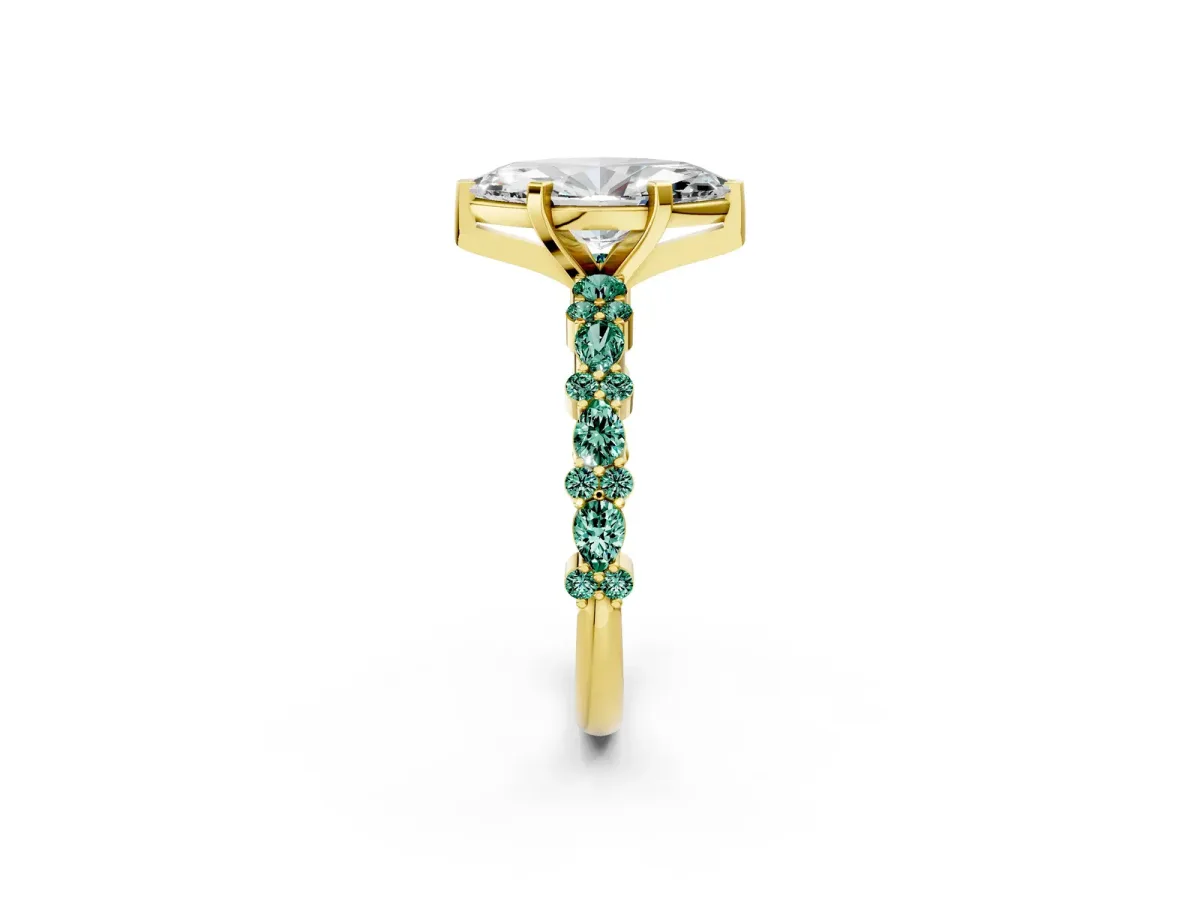 Marquise Cut Diamond Side Stone Solitaire Ring with Round Green Sapphire and Four-Prong Setting Yellow gold