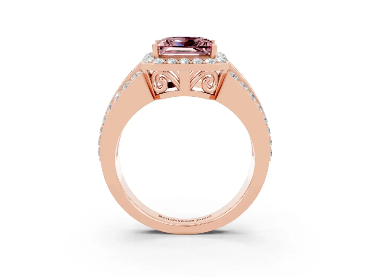 Princess Cut Halo Morganite Ring with Round Split Shank and Prong Setting Rose gold
