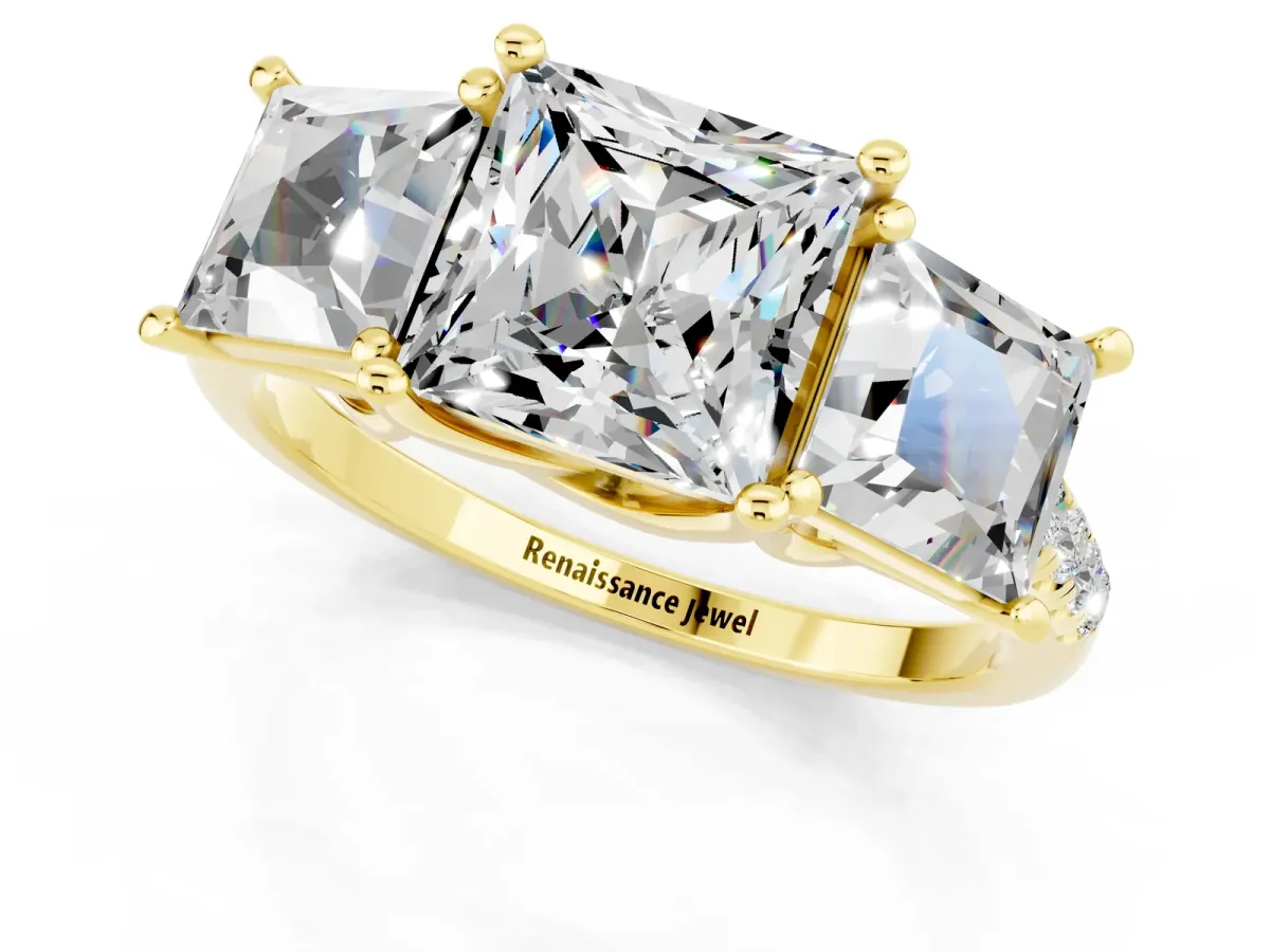 Three-Stone Princess Cut Moissanite Ring with Round Pavé Band and Prong Setting Yellow gold