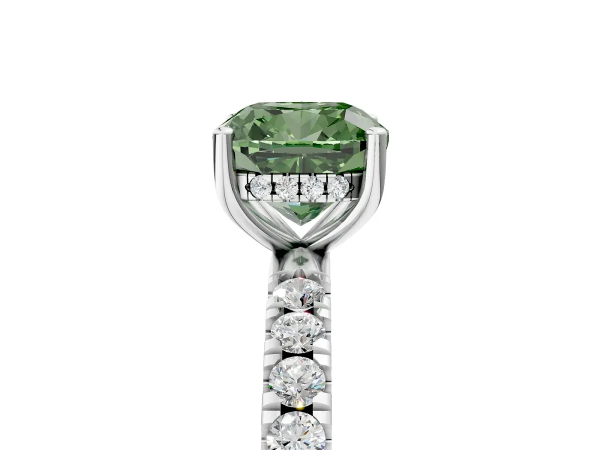 Fancy Green Cushion Cut Diamond Pave Band Solitaire Ring with Round and Prong Setting Platinum
