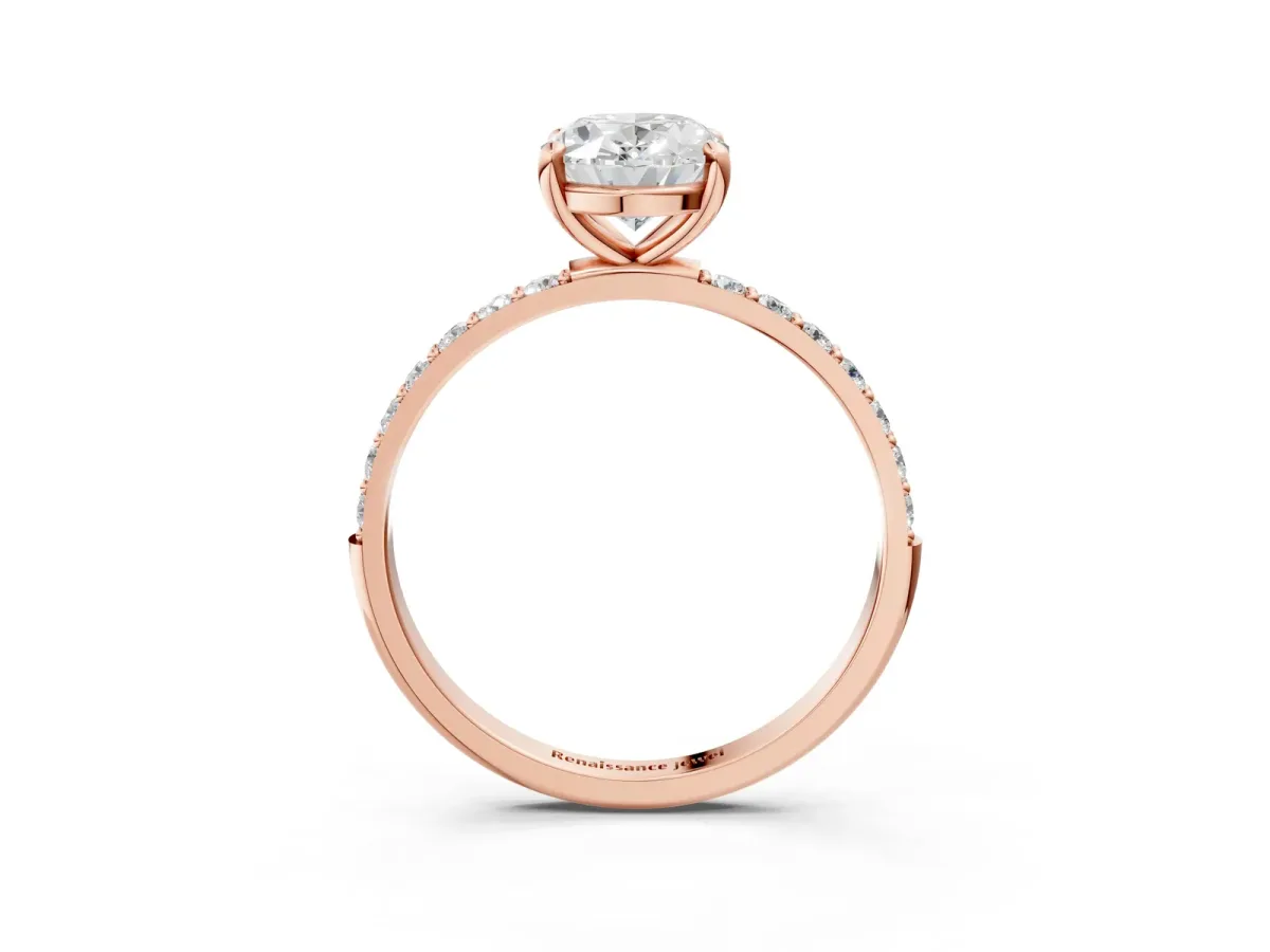 Oval Cut Diamond Solitaire Ring with Round Moissanite Pavé Band and Prong Setting Rose gold