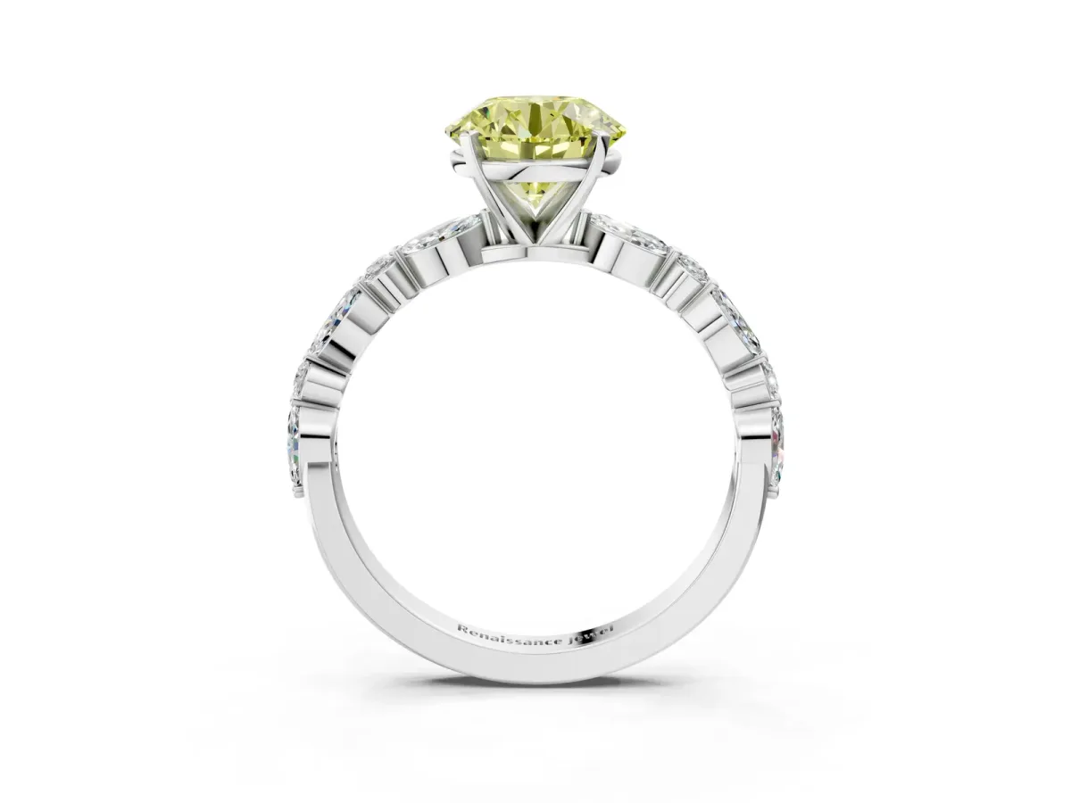 Fancy Yellow Round Cut Diamond Ring with Marquise and Round Side Stones and Four-Prong Setting Silver