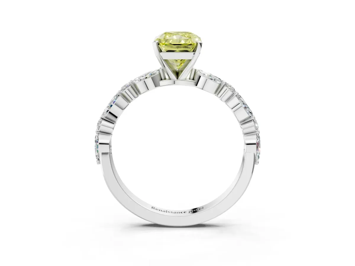 Fancy Yellow Radiant Cut Diamond Ring with Marquise and Round Side Stones and Four-Prong Setting Silver