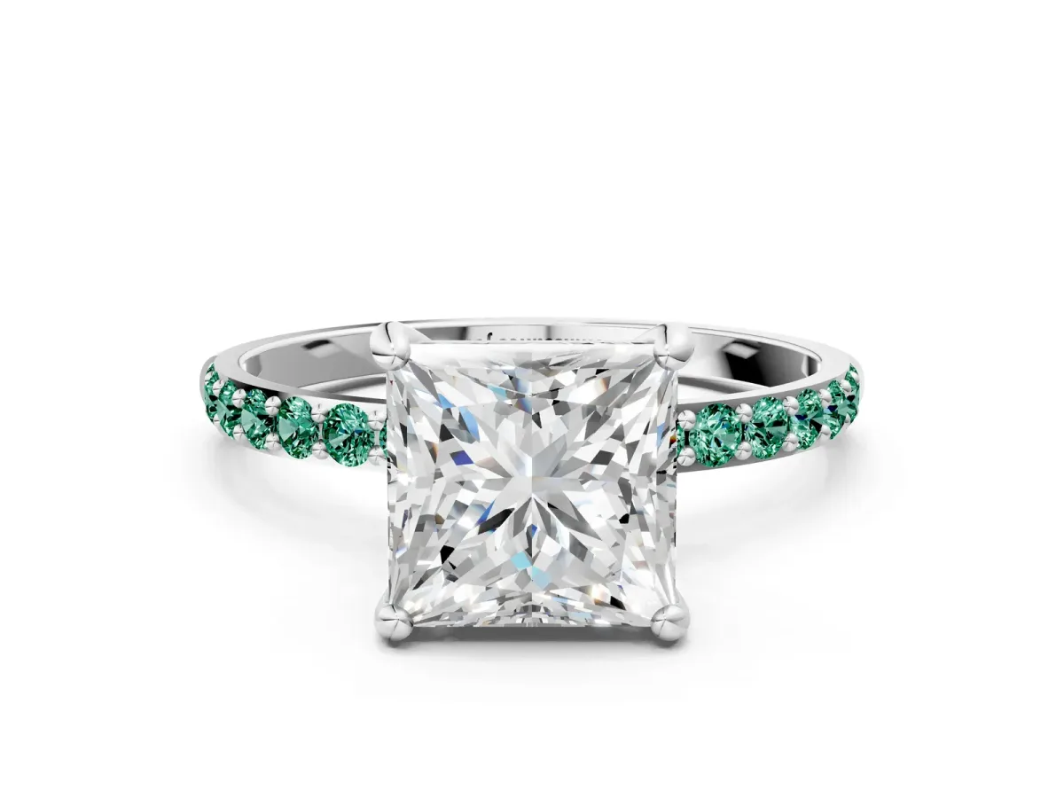 Princess Cut Diamond Solitaire Ring with Round Green Sapphire Pavé Band and Prong Setting Silver