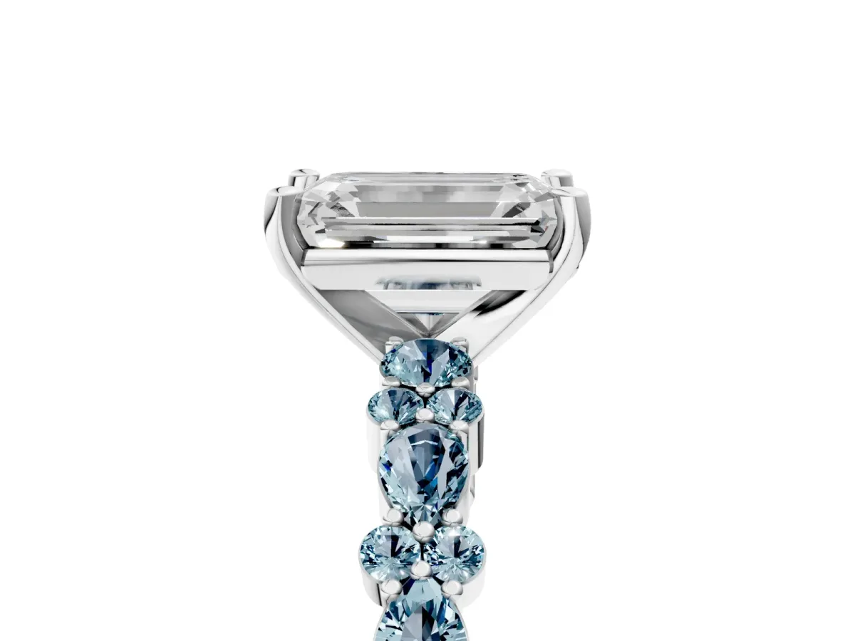 Emerald Cut Diamond Side Stone Solitaire Ring with Round Aquamarine and Four-Prong Setting Platinum