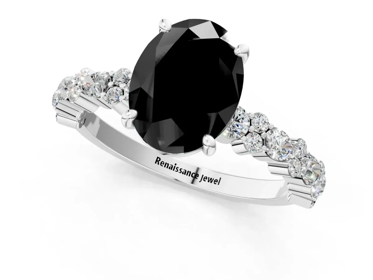 Fancy Black Oval Cut Diamond Side Stone Solitaire Ring with Round and Four-Prong Setting Platinum