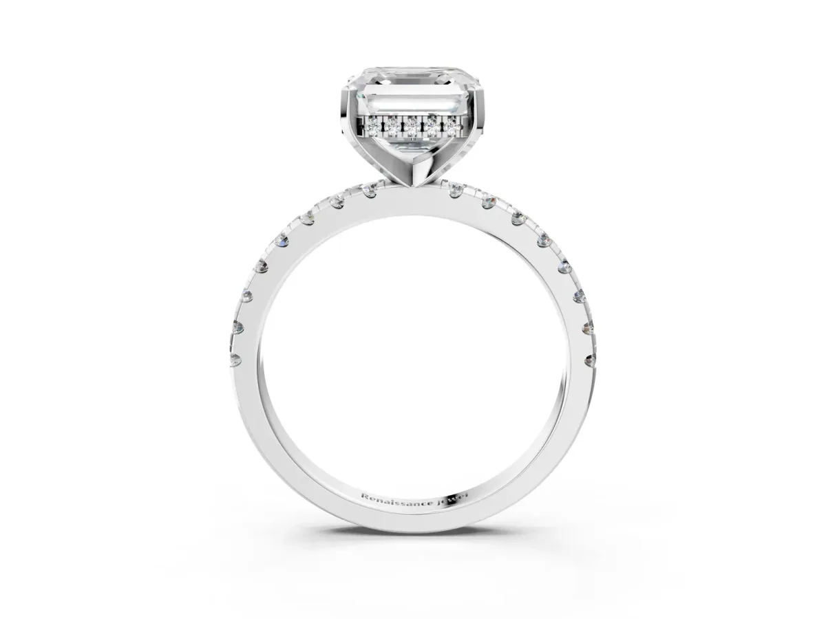 Asscher Cut Diamond Solitaire Ring with Round Pavé Band and Four-Prong Setting Platinum