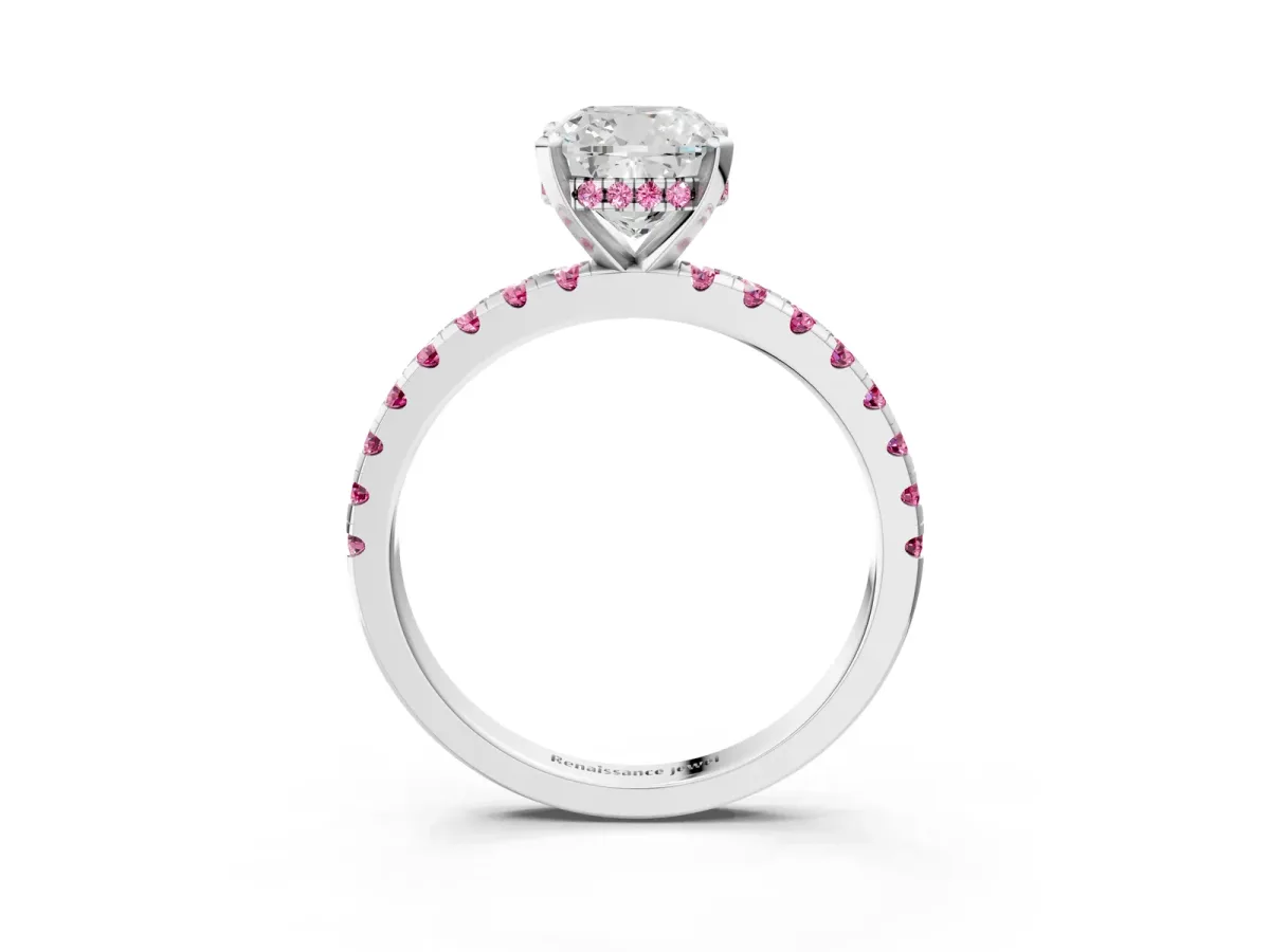 Cushion Cut Diamond Solitaire Ring with Round Pink Sapphire Pavé Band and Four-Prong Setting Silver