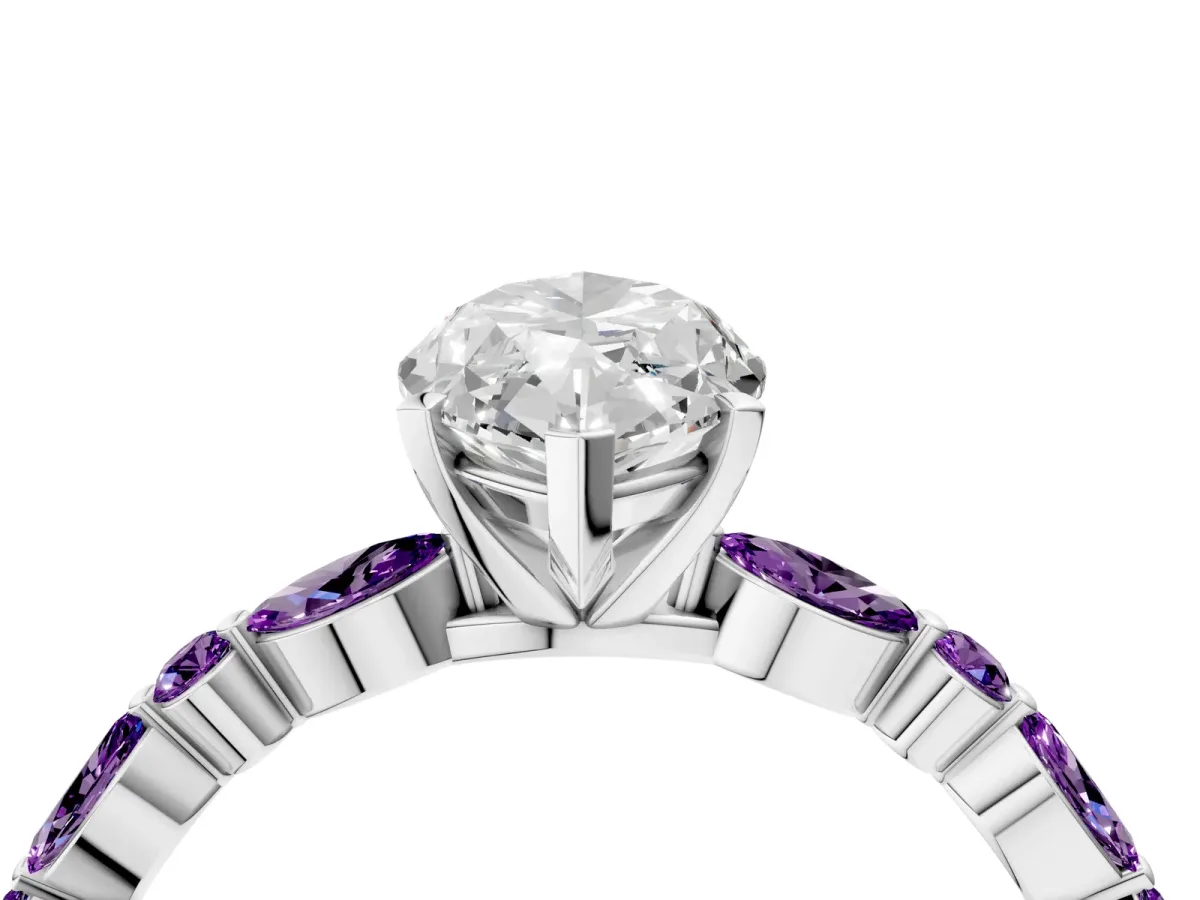 Marquise Cut Diamond Ring with Marquise and Round Amethyst Side Stones and Four-Prong Setting Silver