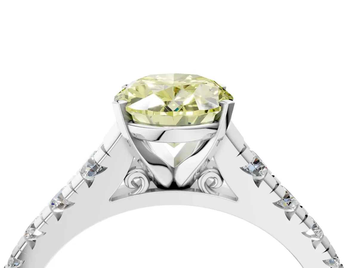 Fancy Yellow Oval Cut Diamond Cathedral Solitaire Ring with Round Pavé Band Silver