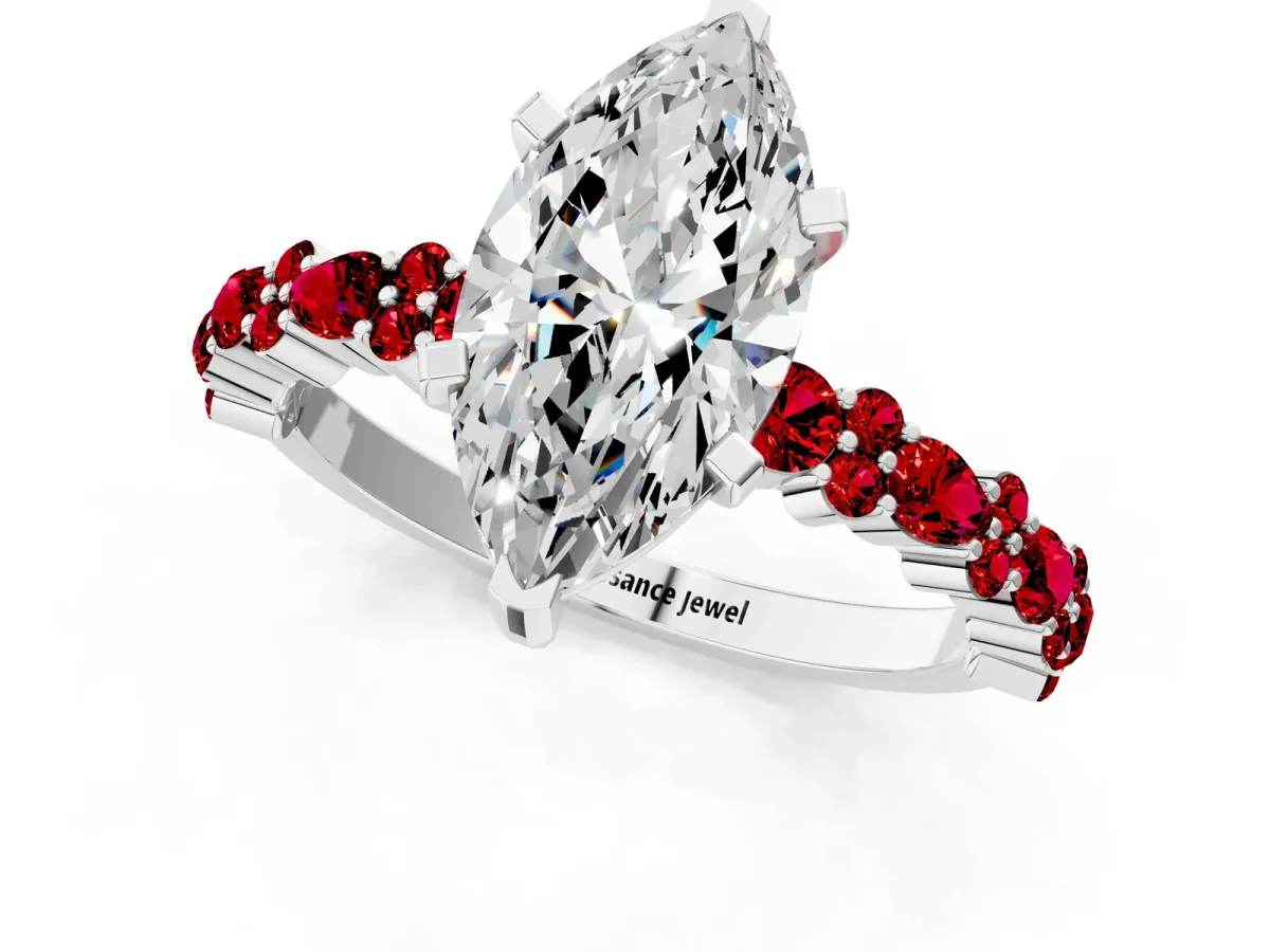 Marquise Cut Diamond Side Stone Solitaire Ring with Round Ruby and Four-Prong Setting Platinum